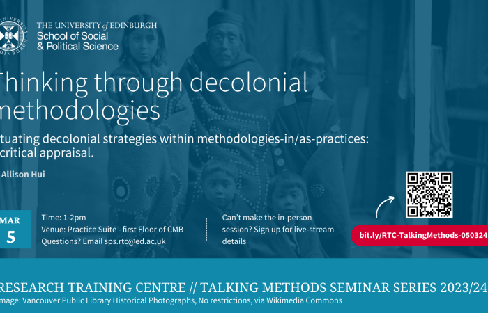 Image of banner of the RTC Talking Methods Seminar: Thinking through decolonial methodologies