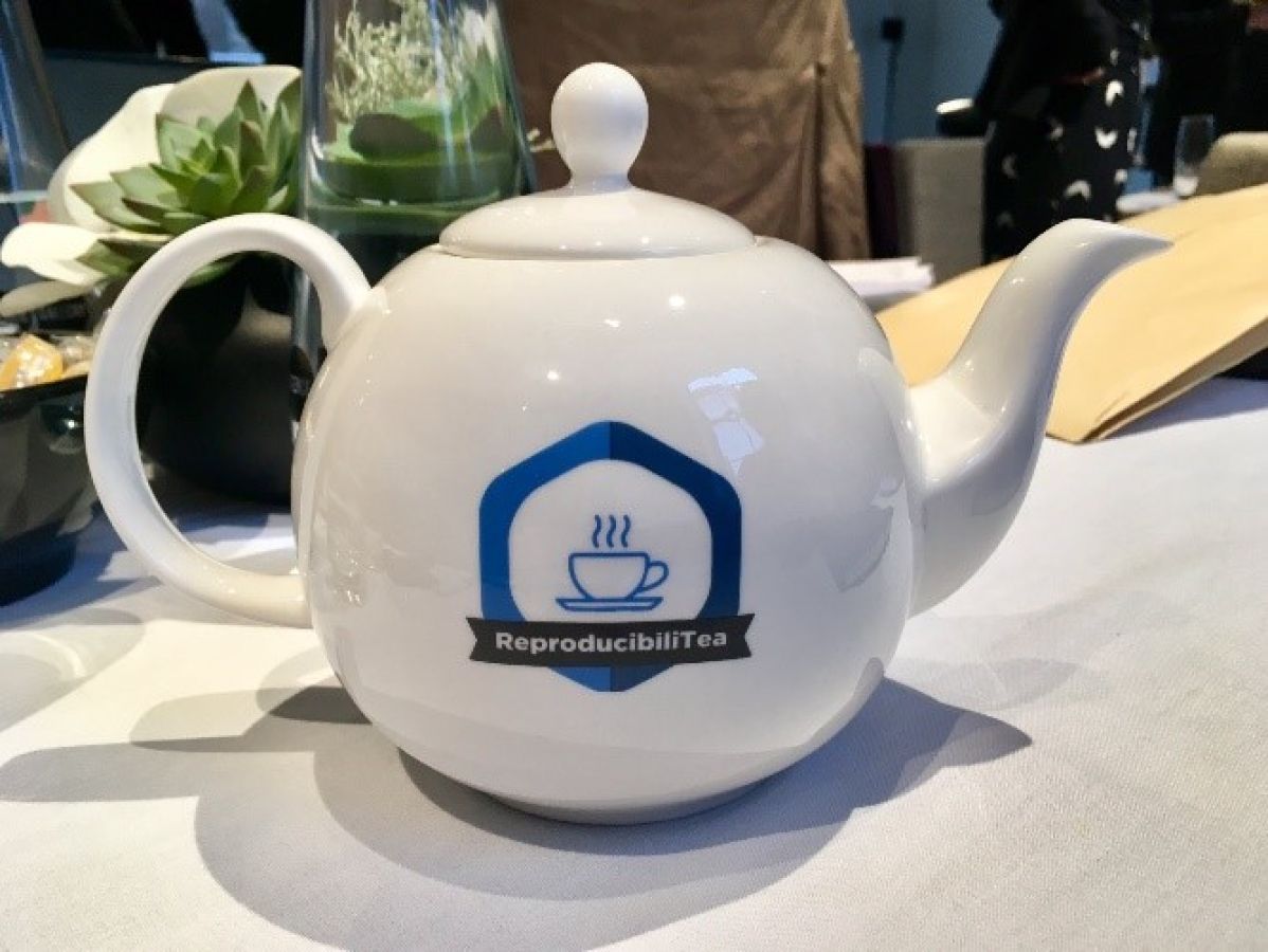 White teapot with ReproducibiliTea logo