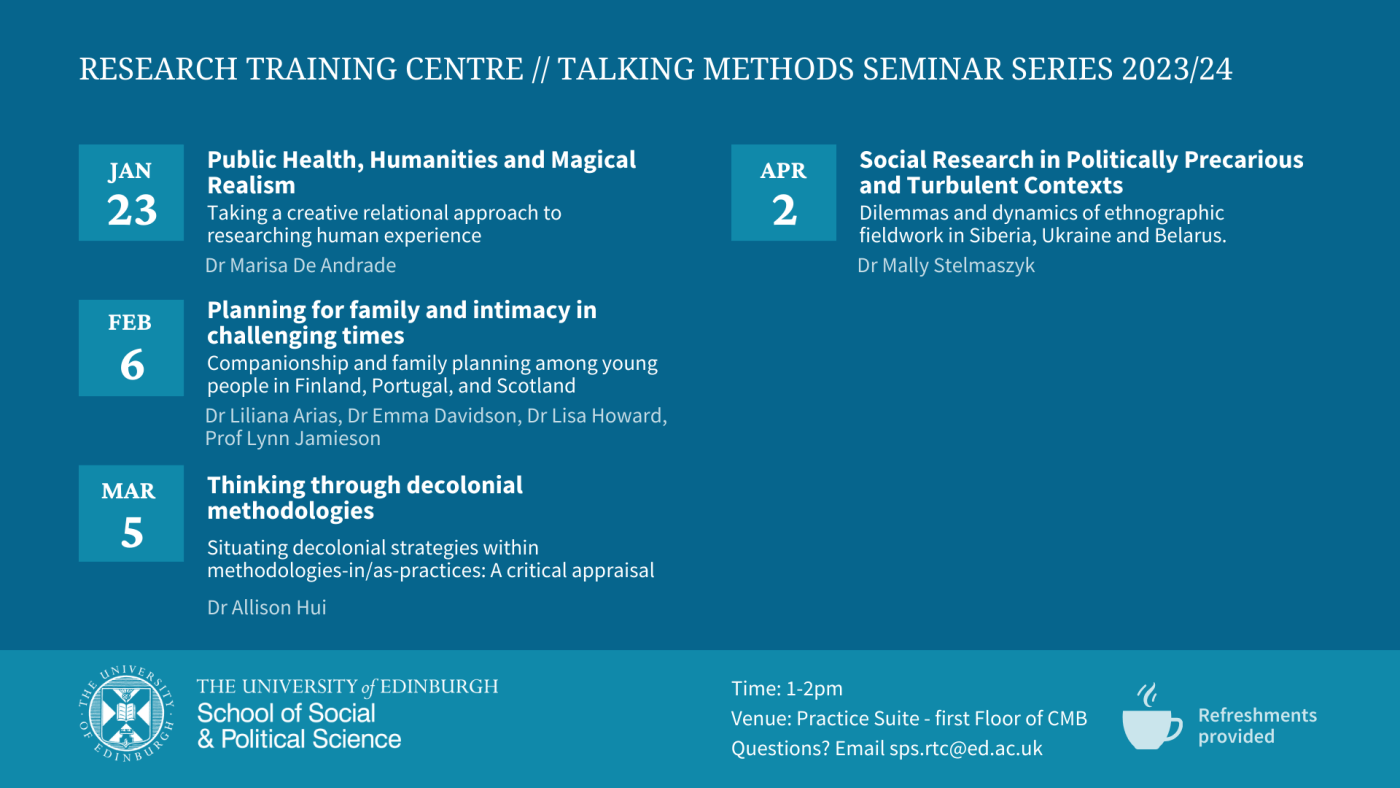Image of banner with dates for RTC Talking Methods Seminars in Semester 2