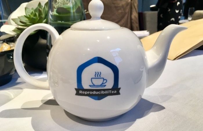 White teapot with ReproducibiliTea logo
