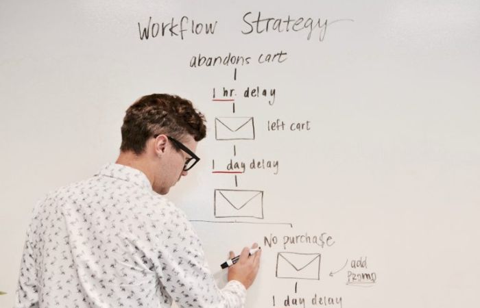 Man writing a workflow strategy on a whiteboard